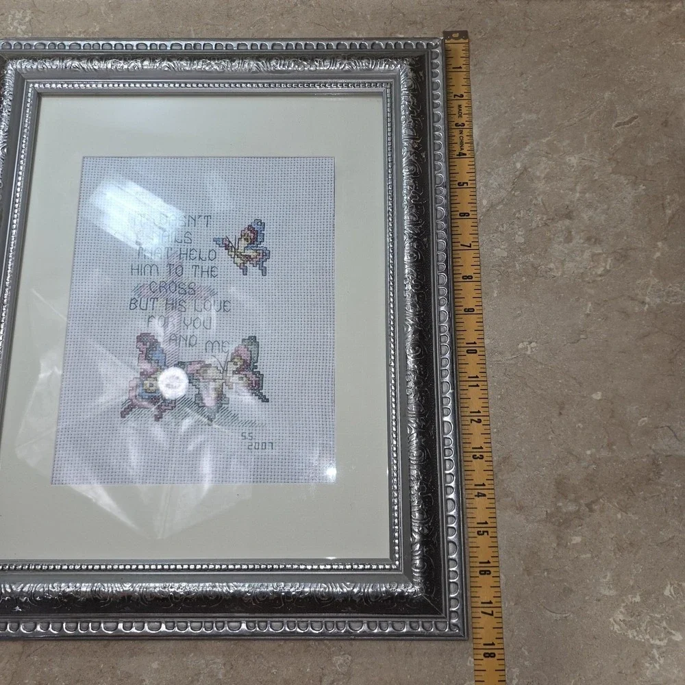 VTG Handmade Completed Framed Cross Stitch It Wasn't Nails Christian 2001Decor